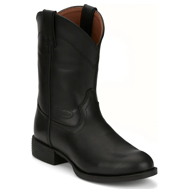 Men's cowboy boots with a rubber sole for tractionJustin Men's Stampede Kilgore Jet Black Round Toe Roper Boots SE7500