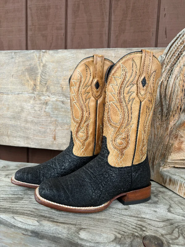 Men's cowboy boots with a silver - toned buckleStetson Men's Black Thunder Elephant 12" Exotic Square Toe Western Cowboy Boot 1852-0700