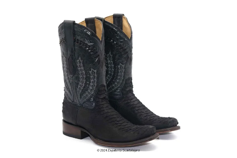 Men's cowboy boots with a silver - toned buckleH58R6305 MEN DUBAI TOE BLACK FAUX PYTHON LEATHER BOOT