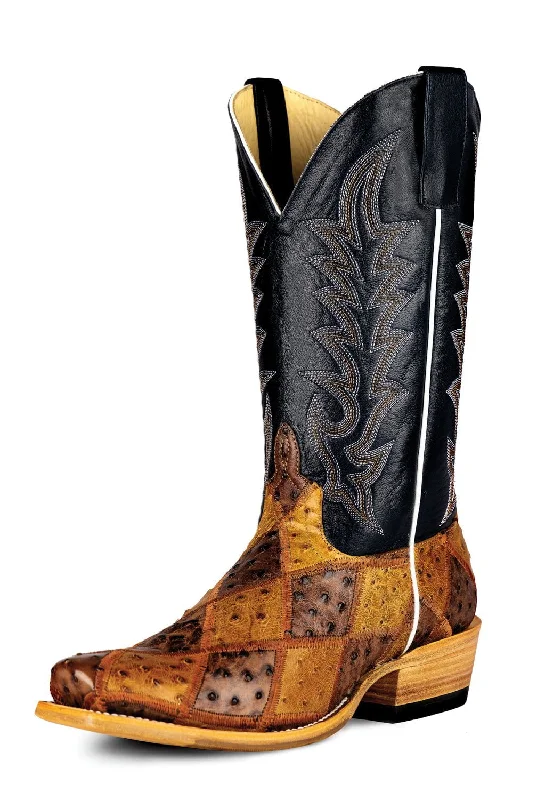 Men's cowboy boots with a tooled leather designHorse Power Mens Ostrich Patchwork Navy Leather Cowboy Boots