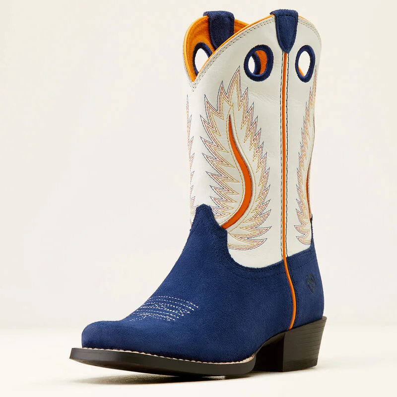 Men's cowboy boots with a high - heeled designAriat Kid's Futurity Fort Worth Western Boot in Patriot Blue Suede/ Pale Moon