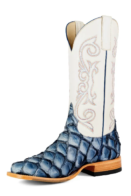 Men's cowboy boots with a snake - skin textureHorse Power Mens Top Hand Cream/Sky Blue Pirarucu Cowboy Boots