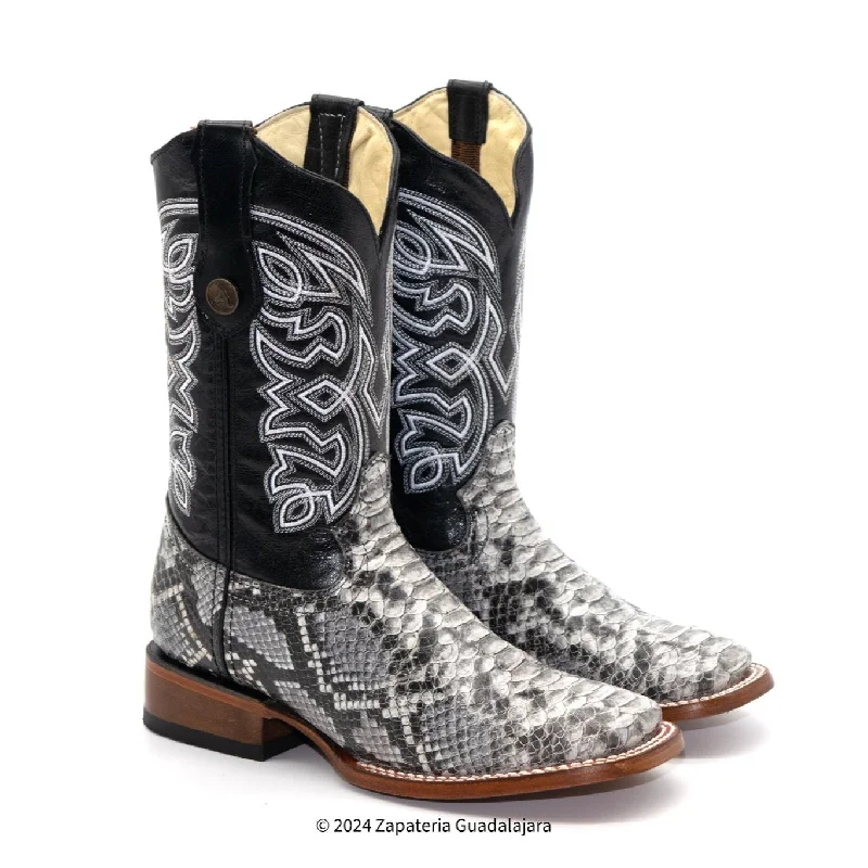 Western - style men's cowboy boots with intricate stitchingH526304 MEN WIDE SQUARE TOE FAUX PYTHON LEATHER COWBOY BOOT