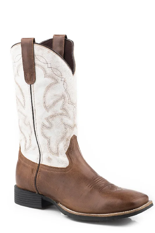 Men's cowboy boots with a concho belt detailRoper Mens Tan/White Leather Monterey Square Toe Cowboy Boots