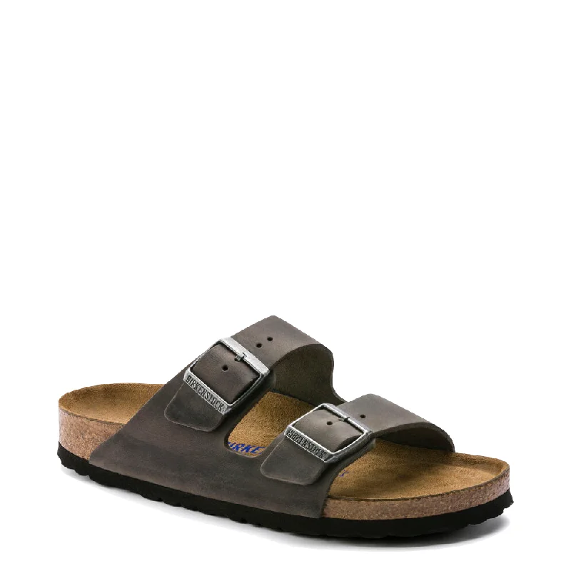 Men's sandals with a wide strap for supportBirkenstock Arizona Oiled Leather Soft Regular Footbed Sandal in Iron Grey