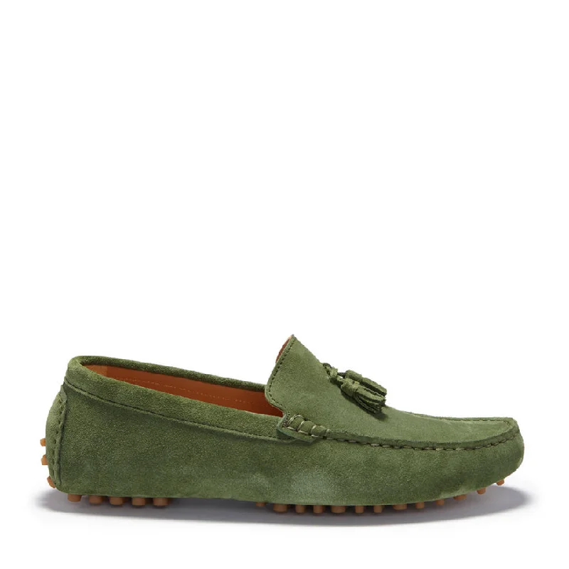 Men's loafers in a neutral color like black or brownTasselled Driving Loafers, safari green suede