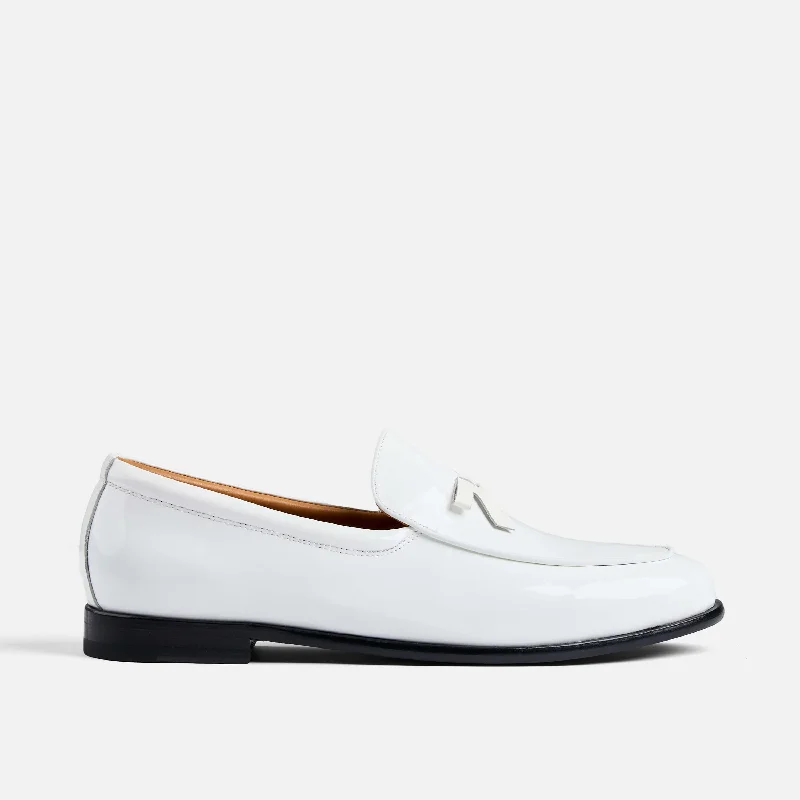 Men's loafers with a removable insole for cleaningOdell White Patent Leather Belgian Loafers