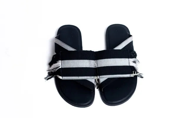 Men's sandals in a neutral color like black or brownEso Criss-cross Black and White Aso-Oke Slide with Frills