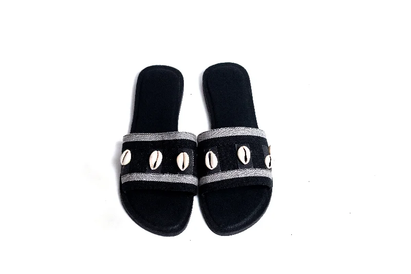 Men's sandals with a perforated leather upper for ventilationOta Cowrie Black & White Detailed Aso-oke Slides