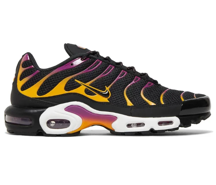 Men's high - top leather sneakers with a zip - up sideMen's Nike Air Max Plus TN (Black/Gold-Purple)