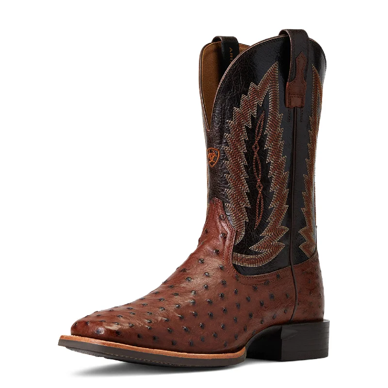 Men's western boots with a suede shaft and a leather soleAriat Men's Antique Tabacco Full Quill Ostrich Boots