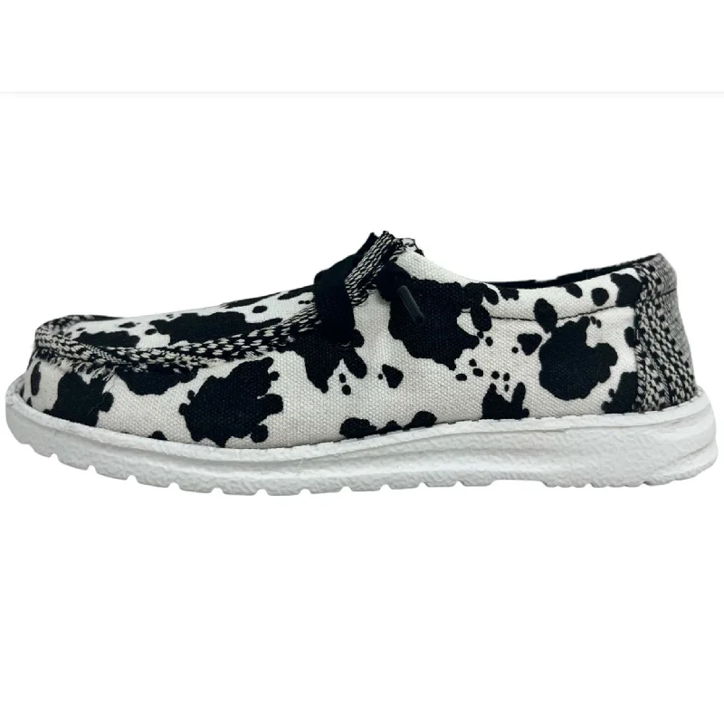 Western - style men's boots with intricate tooling and stitchingGypsy Jazz Black and White Meadows Cow Print Casual Shoe