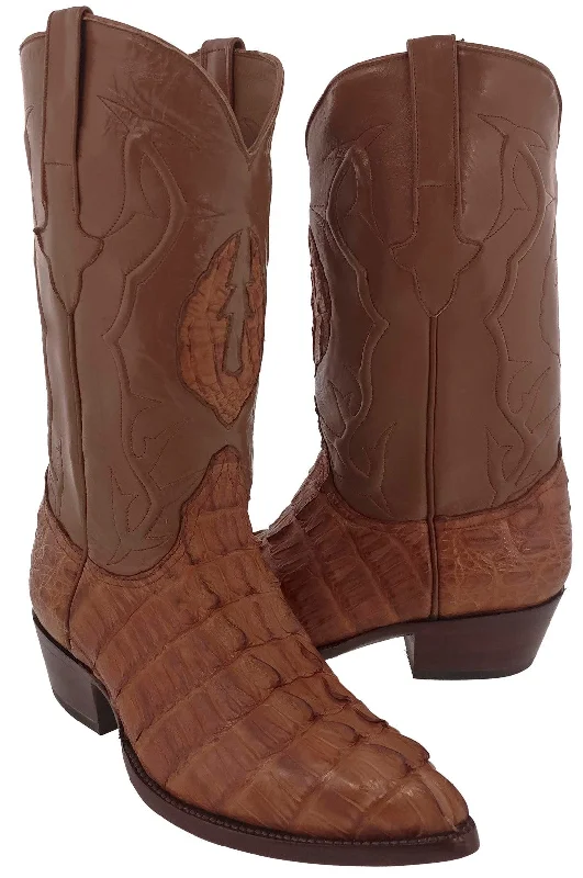 Western - style men's cowboy boots with intricate stitchingCognac Leather Cowboy Boots Real Crocodile Tail Skin J Toe