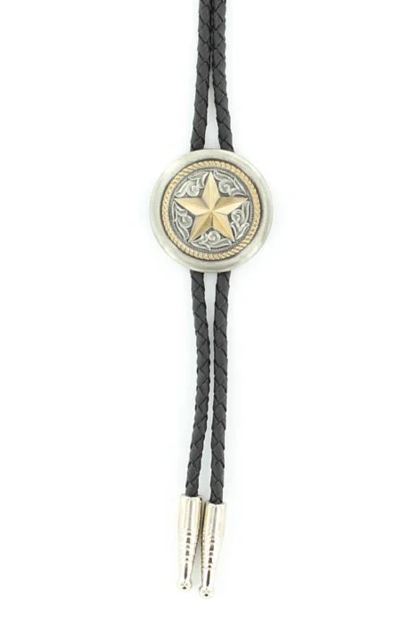 Western - style men's boots with intricate tooling and stitchingRound Star Bolo Tie