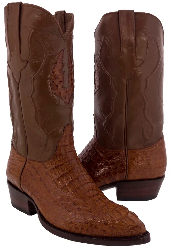 Men's cowboy boots with a leather lining for comfortCognac Leather Cowboy Boots Real Crocodile Tail Skin J Toe