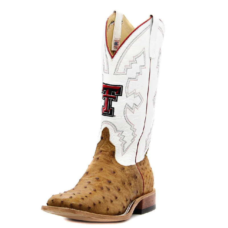 Men's western boots with a decorative inlay on the toe and heelAnderson Bean Texas Tech Exclusive Umber Bruciato Full Quill Ostrich Men's Boot