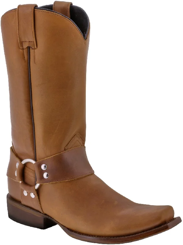 Men's cowboy boots with a high - heeled designMen's Honey Brown Rider Leather Harness Biker Boots Square Toe