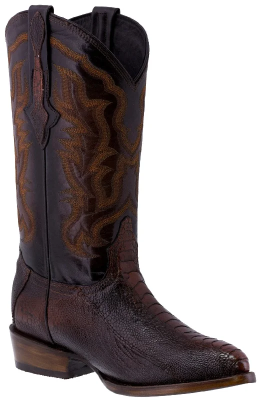 Vintage - style men's cowboy boots with a square toeMen's Rustic Cognac Genuine Ostrich Leg Skin Cowboy Boots J Toe