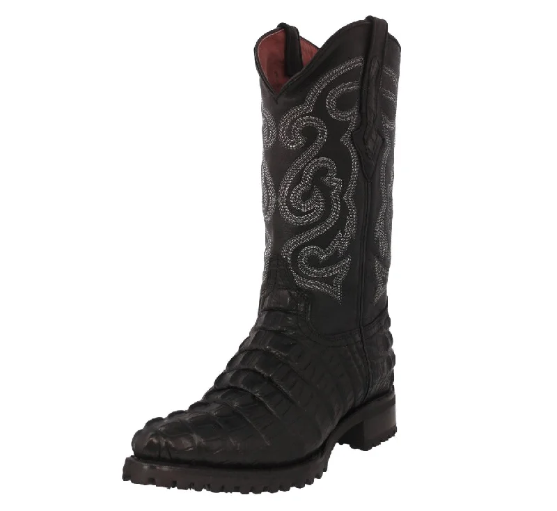 Men's cowboy boots with a rubber sole for tractionMens Black Motorcycle Boots Crocodile Tail Print - J Toe