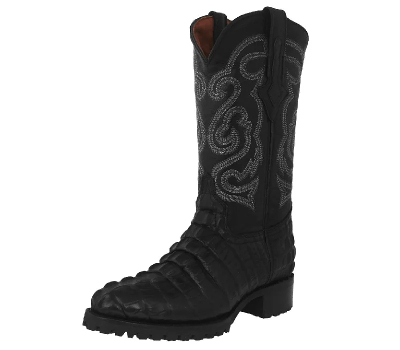 Men's cowboy boots with a concho belt detailMens Black Motorcycle Boots Crocodile Tail Print - Round Toe