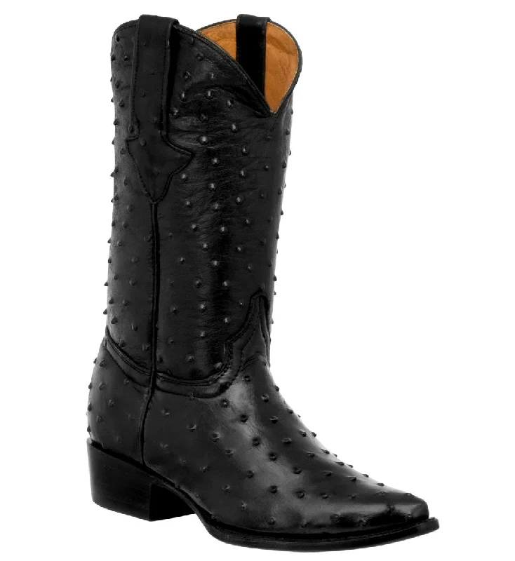 Vintage - style men's cowboy boots with a square toeMens Black Full Ostrich Quill Print Leather Cowboy Boots J Toe - #210F