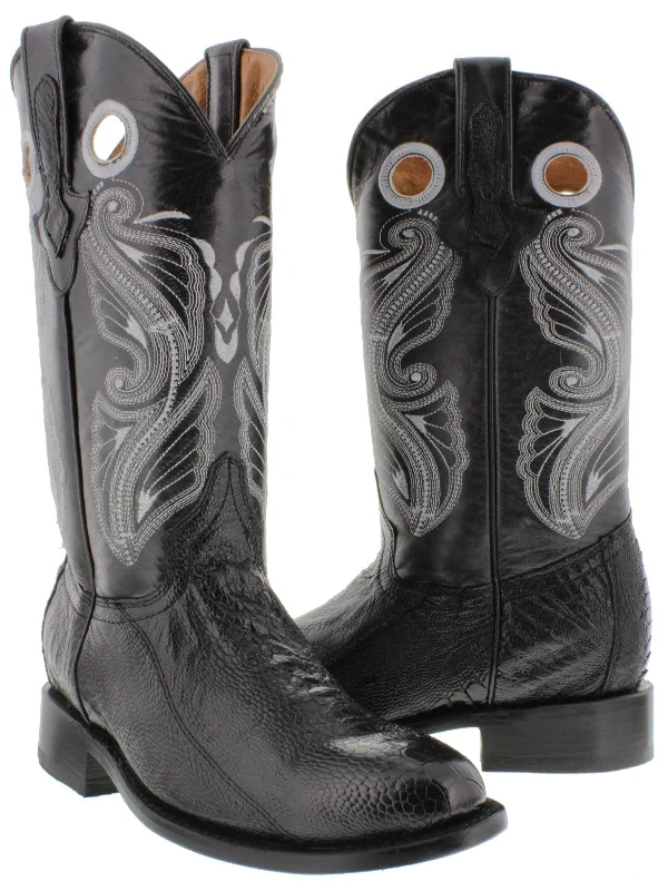 Men's genuine leather cowboy boots with a pointed toeMen's Black Genuine Ostrich Leg Skin Leather Cowboy Boots Roper Toe