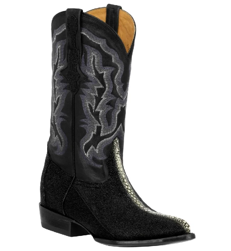 Men's cowboy boots with a decorative inlayMens Black Stingray Skin Row Stone Leather Cowboy Boots J Toe - #205G