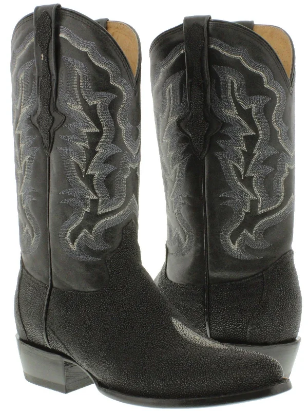 Men's cowboy boots with a tooled leather designMen's Black Genuine Stingray Single Stone Leather Cowboy Boots Round Toe