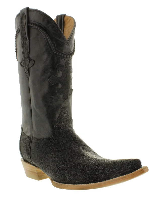 Men's cowboy boots with a pull - on strapMen's Black Genuine Stingray Single Stone Leather Cowboy Boots 3X Toe