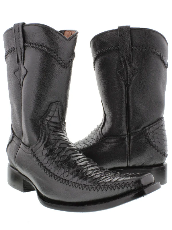 Men's cowboy boots with a high - heeled designMen's Black Python Snake Pattern Zipper Cowboy Boots - Square Toe