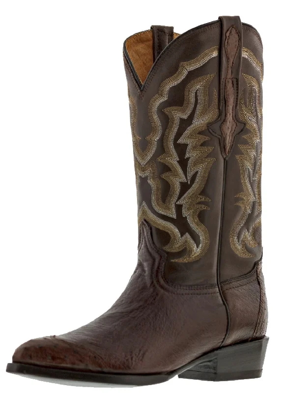 Men's cowboy boots with a leather sole for a classic lookMens Brown Ostrich Skin Overlay Cowboy Boots - J Toe