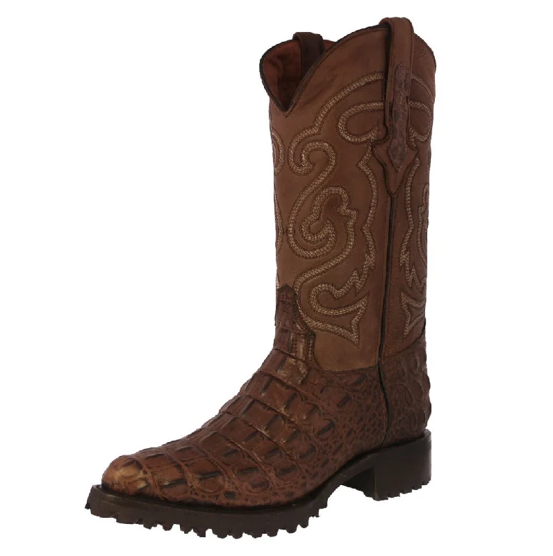 Men's cowboy boots with a heel guardMens Brown Motorcycle Boots Crocodile Back Cut Print - J Toe