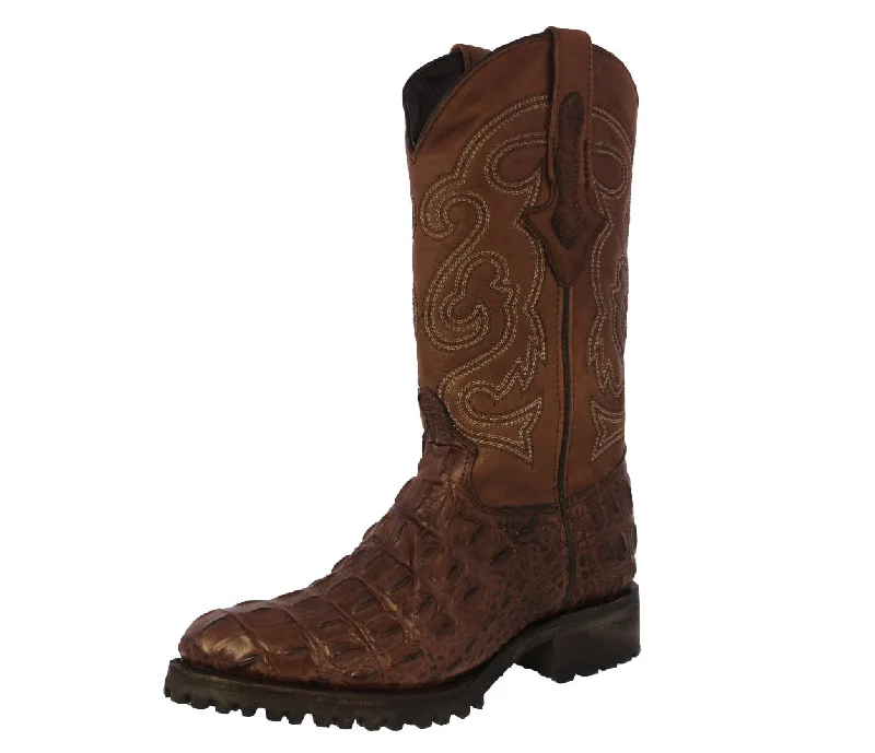 Alligator - print men's cowboy boots for a bold lookMens Brown Motorcycle Boots Crocodile Back Cut Print - Round Toe