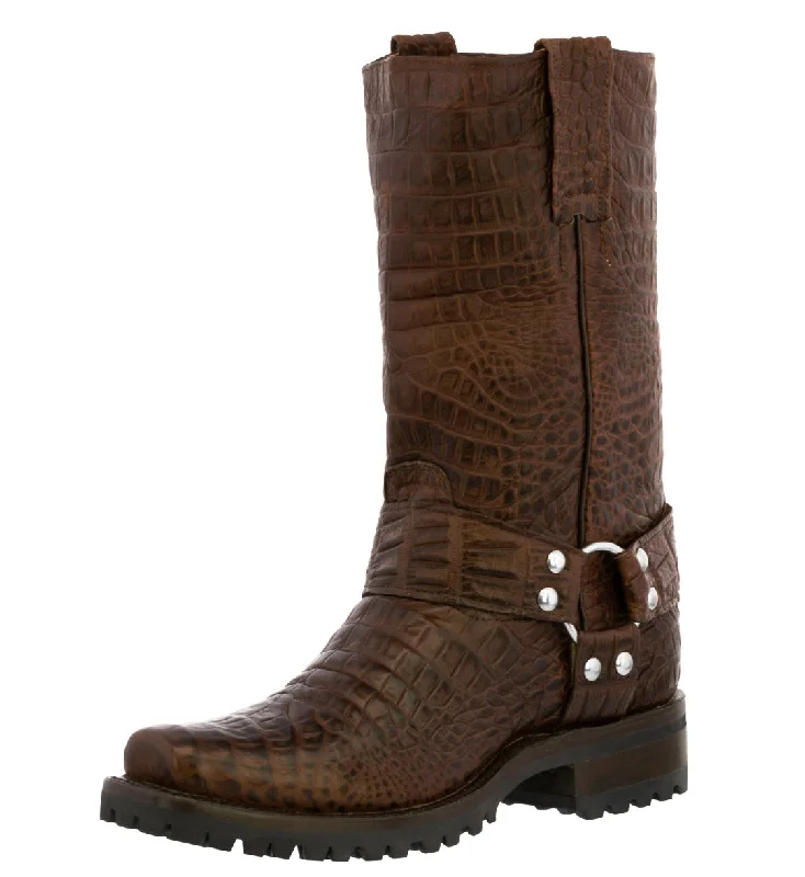 Men's cowboy boots with a concho belt detailMens Brown Motorcycle Boots Crocodile Belly Print - Square Toe