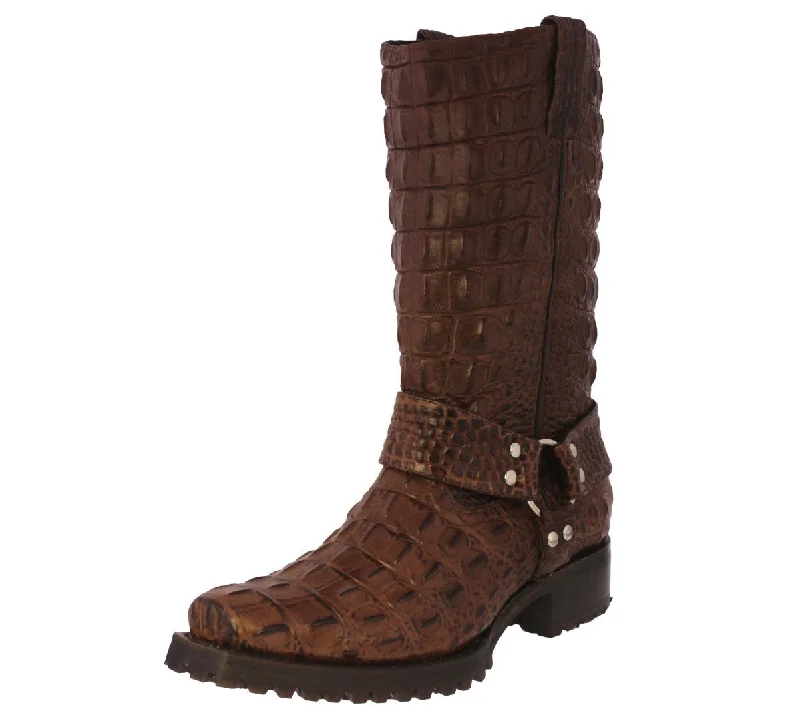 Men's cowboy boots with a silver - toned buckleMens Brown Motorcycle Boots Crocodile Back Print - Square Toe