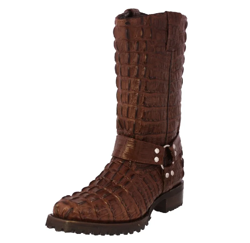 Men's cowboy boots with a leather lining for comfortMens Brown Motorcycle Boots Crocodile Tail Print - Square Toe