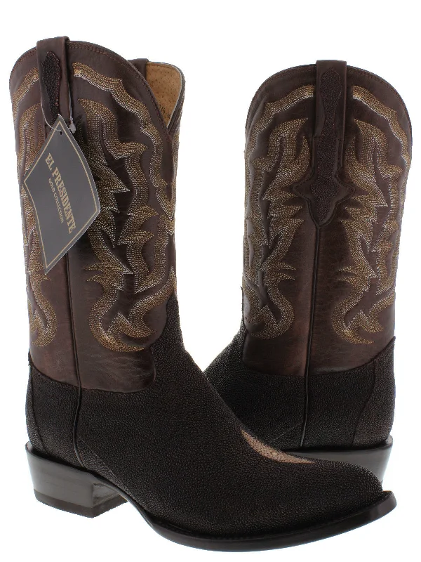 Men's cowboy boots with a concho belt detailMen's Brown Genuine Stingray Single Stone Leather Cowboy Boots Round Toe