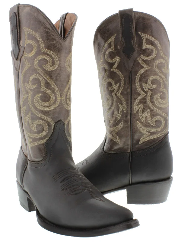 Men's cowboy boots with a decorative inlayMens Western Cowboy Boots Brown Classic Solid Leather Rodeo J Toe