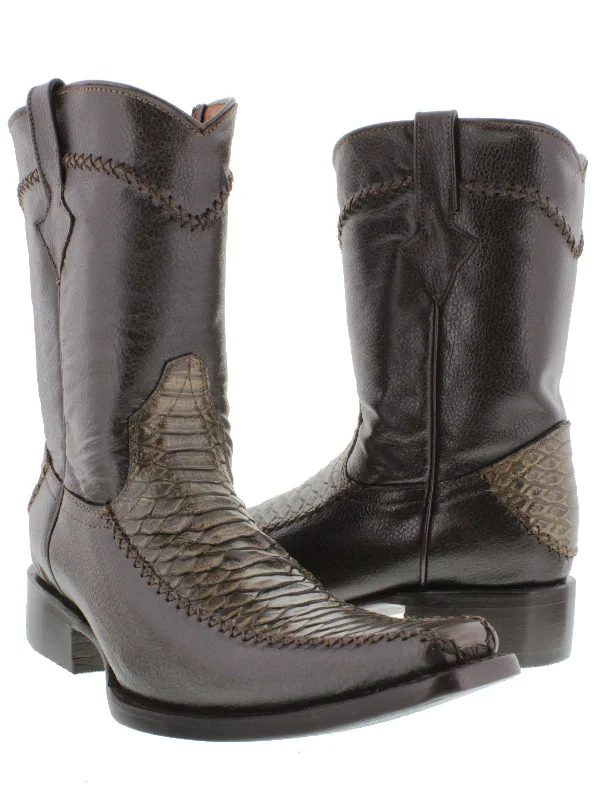 Men's cowboy boots with a scalloped edgeMens Brown Leather Cowboy Boots Snake Print Zipper - #RKR