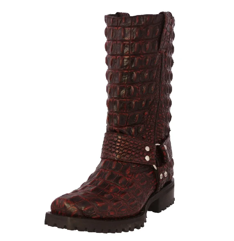 Men's cowboy boots with a suede shaftMens Black Cherry Motorcycle Boots Crocodile Back Print - Square Toe