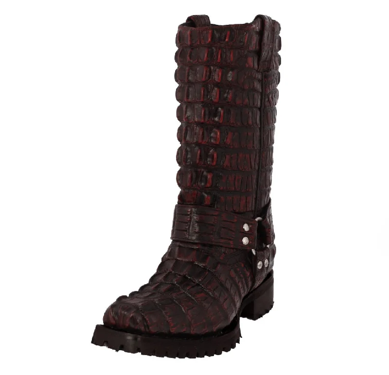 Men's cowboy boots in a dark brown leatherMens Black Cherry Motorcycle Boots Crocodile Tail Print - Square Toe