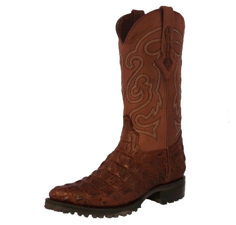 Men's genuine leather cowboy boots with a pointed toeMens Cognac Motorcycle Boots Crocodile Back Cut Print - J Toe