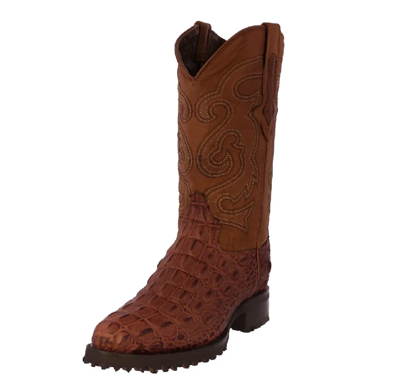 Men's cowboy boots with a leather sole for a classic lookMens Cognac Motorcycle Boots Crocodile Back Cut Print - Round Toe