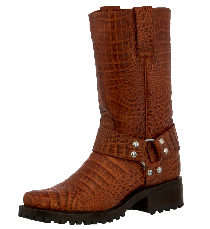 Men's cowboy boots with a pull - on strapMens Cognac Motorcycle Boots Crocodile Belly Print - Square Toe