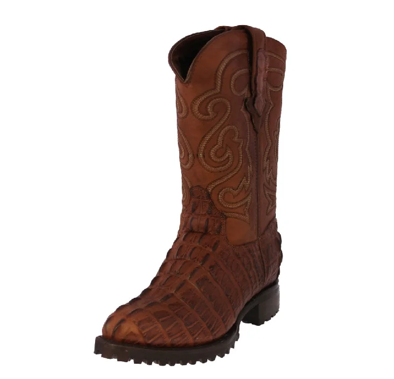 Men's cowboy boots with a pull - on strapMens Cognac Motorcycle Boots Crocodile Tail Print - Round Toe