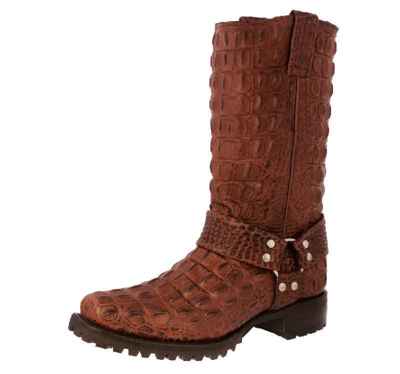 Men's cowboy boots with a scalloped edgeMens Cognac Motorcycle Boots Crocodile Back Print - Square Toe