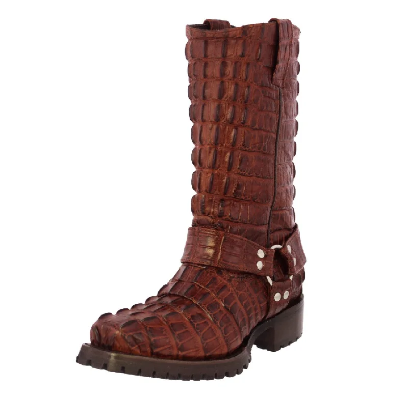 Men's cowboy boots with a distressed leather finishMens Cognac Motorcycle Boots Crocodile Tail Print - Square Toe