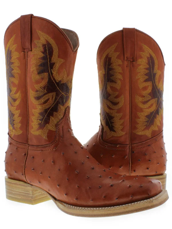 Men's cowboy boots in a dark brown leatherMens Cognac Ostrich Print Leather Cowboy Boots - Square Toe