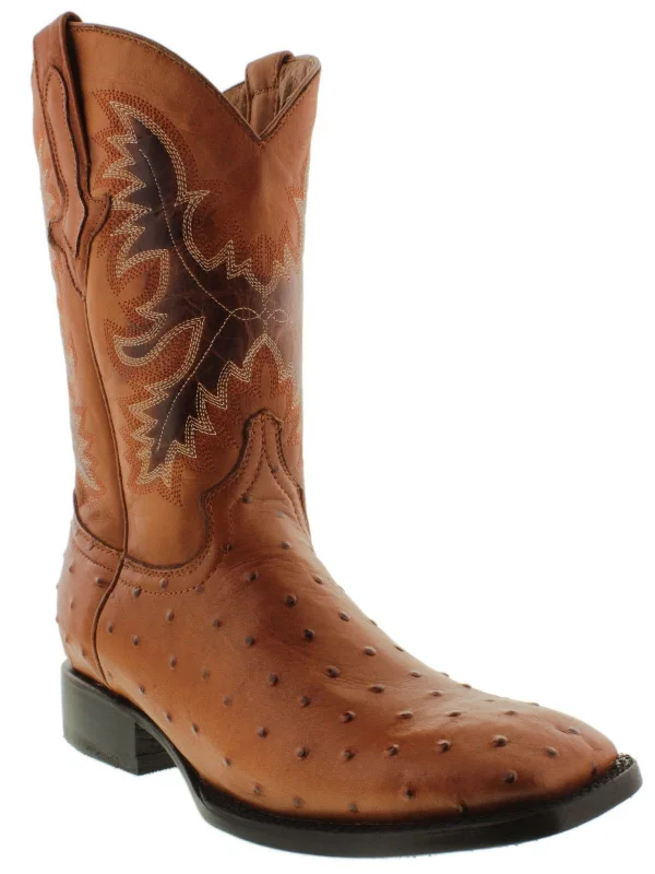 Men's cowboy boots with a leather lining for comfortMen's Cognac Ostrich Quill Pattern Cowboy Boots Dark Sole - Square Toe