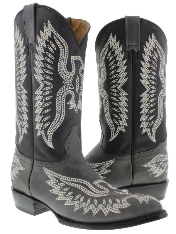 Men's cowboy boots with a rubber sole for tractionMen's Gray Classic Stitched Design Leather Cowboy Boots J Toe